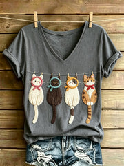 Damen-Tier katze Kunst bedruckt Vintage Mode lose Kurzarm T-Shirt