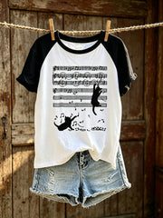 Damen-T-Shirt mit niedlichem Katzenmuster, farbblockiertem Design und kurzen Ärmeln – lässiger Style