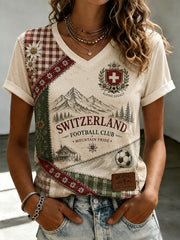 Damen-T-Shirt mit Fußballmotiv, V-Ausschnitt und kurzen Ärmeln