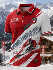 Herren-Poloshirt mit Ski-Motiv-Druck, waffelstrukturiertem Strick und kurzen Ärmeln