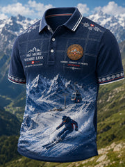 Herren-Poloshirt mit Ski-Motiv-Druck, waffelstrukturiertem Strick und kurzen Ärmeln
