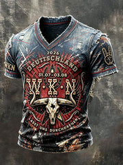 Herren-Retro-Denim-Print-Casual-T-Shirt im Wacken-Metal-Festival-Stil mit V-Ausschnitt