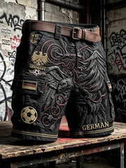 Herren-Retro-Shorts in Schwarz mit deutschem Fußballadler-Print für Freizeit und Arbeit