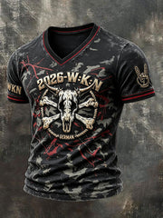 Herren-Retro-T-Shirt im deutschen Wacken-Metal-Festival-Stil mit Tarnmuster und lässigem V-Ausschnitt