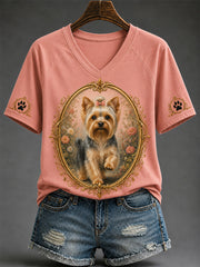 Damen-Retro-T-Shirt mit Hunde-Print und V-Ausschnitt, lässig geschnitten
