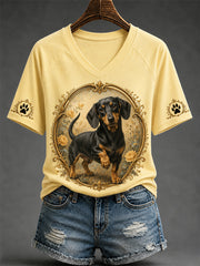 Damen-Retro-T-Shirt mit Hunde-Print und V-Ausschnitt, lässig geschnitten