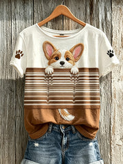 Damen niedliches Hunde muster bedrucktes lässiges Kurzarm-T-Shirt