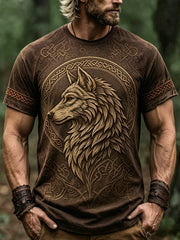 Herren-Retro-Viking-T-Shirt mit Wolfsmuster, lässig, gewaschen, Kurzarm
