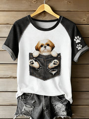 Damen-T-Shirt mit Tiermotiv und Hundetasche, bedruckt, im Vintage-Stil, modisch, locker geschnitten, kurze Ärmel