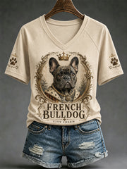 Damen-Retro-T-Shirt mit Hunde-Print und V-Ausschnitt, lässig geschnitten