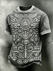 Herren-Lässig-T-Shirt im Retro-Viking-Style mit Aufdruck, gewaschene Optik