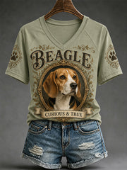 Damen-Retro-T-Shirt mit Hunde-Print und V-Ausschnitt, lässig geschnitten