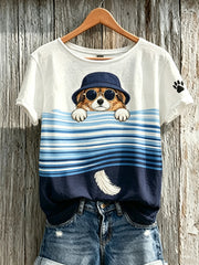 Damen-T-Shirt mit niedlichem Hunde-Muster, lässig, kurzärmlig