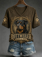 Damen-Retro-T-Shirt mit Hunde-Print und V-Ausschnitt, lässig geschnitten