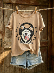 Damen-T-Shirt mit niedlichem Hunde-Muster, lässig, kurzärmlig