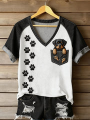 Damen-Tier-Kunst-Tasche Hund gedruckt Vintage Mode lose Kurzarm-T-Shirt