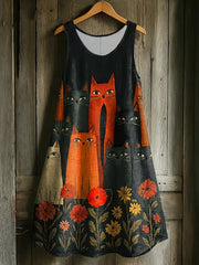 Damenkleid mit tierischem Katzenmotiv, ärmellos und bedruckt