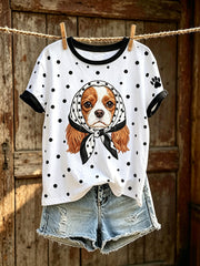 Damen-T-Shirt mit niedlichem Hunde-Muster, lässig, kurzärmlig