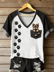 Damen-T-Shirt mit Tiermotiv und Hundetasche, bedruckt, im Vintage-Stil, modisch, locker geschnitten, kurze Ärmel