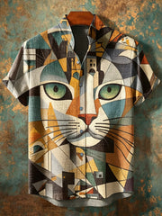 Herren Vintage Abstrakt Geometrische Tiere Katzen muster Ständer Kragen Kurzarm Hemd