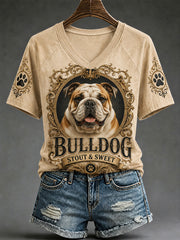Damen-Retro-T-Shirt mit Hunde-Print und V-Ausschnitt, lässig geschnitten