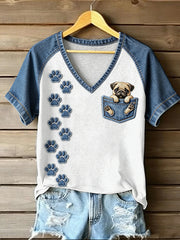 Damen-T-Shirt mit Tiermotiv und Hundetasche, bedruckt, im Vintage-Stil, modisch, locker geschnitten, kurze Ärmel
