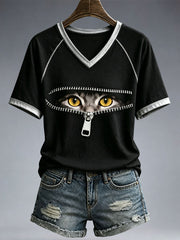 Frauen-T-Shirt mit lustiger Katze und V-Ausschnitt