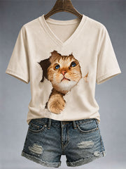 Frauen-T-Shirt mit lustiger Katze und V-Ausschnitt