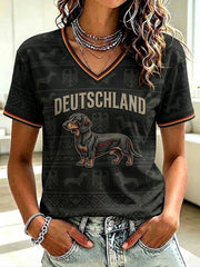Damen-T-Shirt mit Dackelmotiv und V-Ausschnitt