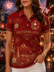 Damen-Poloshirt mit Nationaltag-Print und kurzen Ärmeln