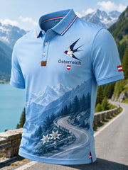 Herren-Poloshirt mit Kunstdruck im österreichischen Landschaftsstil
