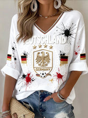 Damenweißes Freizeit-T-Shirt mit deutscher Flagge, Fußball-Graffiti-Print und V-Ausschnitt