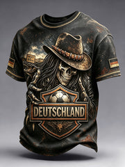 Herren-T-Shirt in Schwarz mit deutschem Fußball- und Punk-Style‑Aufdruck, lässig geschnitten