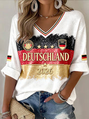 Damenweißes Freizeit-T-Shirt mit deutscher Flaggen- und Football-Print sowie V-Ausschnitt