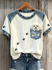 Frauen Fuzzy Bichon Hund gefälschte Tasche & Pfote Drucke Denim Patchwork Print T-Shirts