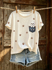 Damen-T-Shirt mit niedlichem Hunde-Muster, lässig, kurzärmlig