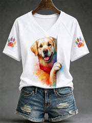 Damen-T-Shirt mit niedlichem Hundeaufdruck – Geschenk für Tierliebhaber, lässig, V-Ausschnitt