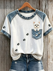 Frauen schöne maltesische Hund gefälschte Tasche & Pfote Drucke Denim Patchwork Print T-Shirts