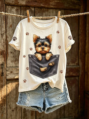 Damen-T-Shirt mit niedlichem Hunde-Muster, lässig, kurzärmlig
