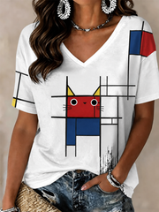 Damen-T-Shirt mit Katzen-Print und kurzen Ärmeln