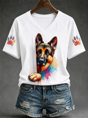 Damen-T-Shirt mit niedlichem Hundeaufdruck – Geschenk für Tierliebhaber, lässig, V-Ausschnitt
