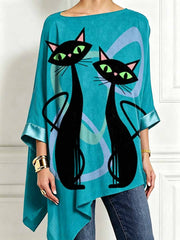 Damen-Top im Mid-Century-Modern-Stil mit Katzenmuster, asymmetrischem Saum und langen Ärmeln