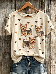 Frauen Yorkshire Terrier Hunde & Herzen Muster Print Kurzarm T-Shirt
