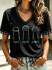 Damen-T-Shirt mit Katzen-Print und kurzen Ärmeln