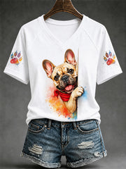 Damen-T-Shirt mit niedlichem Hundeaufdruck – Geschenk für Tierliebhaber, lässig, V-Ausschnitt