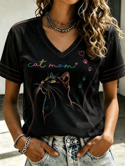 Damen-T-Shirt mit Katzen-Print und kurzen Ärmeln