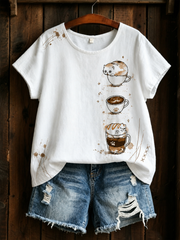 Damen Katze Bedrucktes kurz ärmel iges T-Shirt aus Leinen