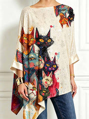 Damen-Top im modernen Graffiti-Stil mit Katzenmuster, asymmetrischem Saum und langen Ärmeln