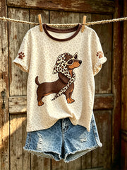 Damen-T-Shirt mit niedlichem Hunde-Muster, lässig, kurzärmlig