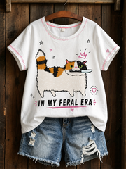 Damen-T-Shirt aus Leinen mit Katzenmuster und kurzen Ärmeln